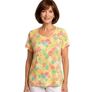 Vintage Talbots Multi Color Retro Print Scoop Neck Short Sleeve T-shirt Size XL